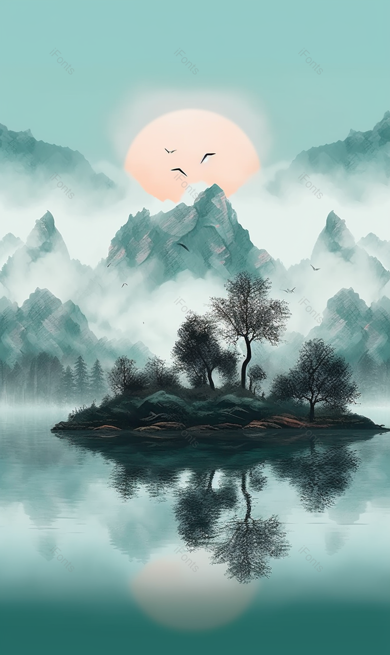 蓝色中国风复古写意江中小岛背景,插画/手绘图,插画/手绘图库,插画/手绘图下载,插画/手绘